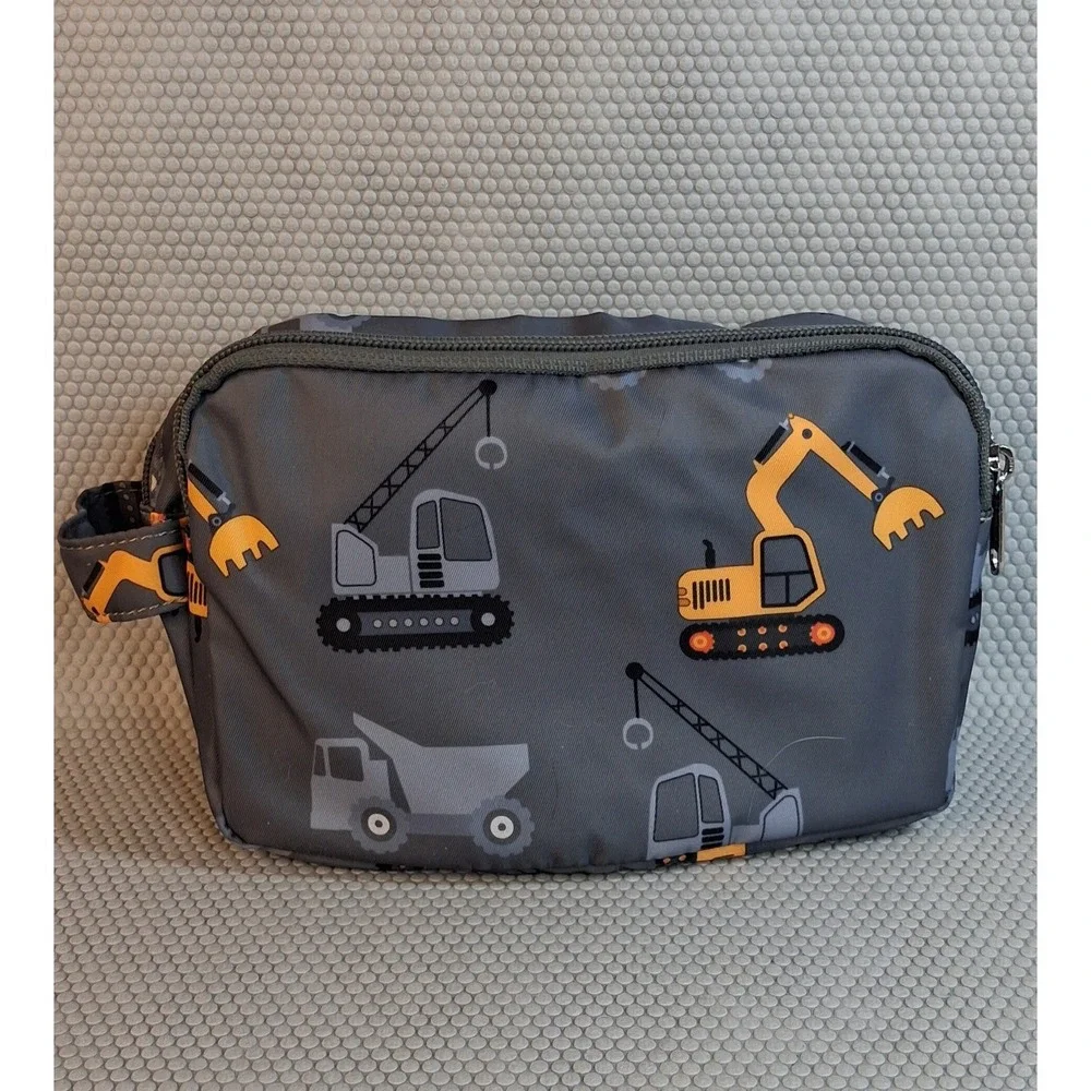 Kids Construction Vehicle Toiletry Bag Gray Excavator Crane Travel Pouch Zipper